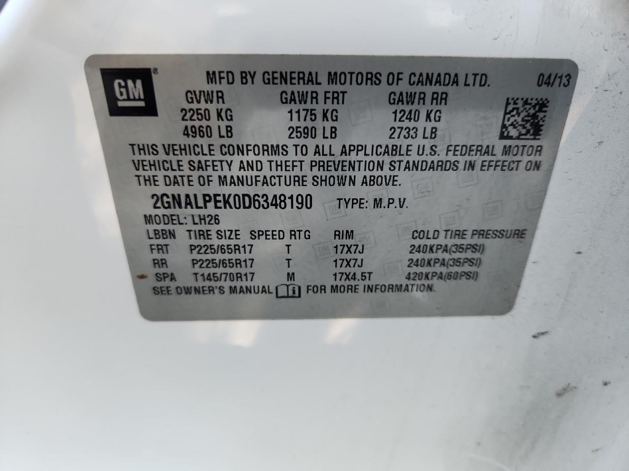 2013 Chevrolet Equinox Lt VIN: 2GNALPEK0D6348190 Lot: 81861195