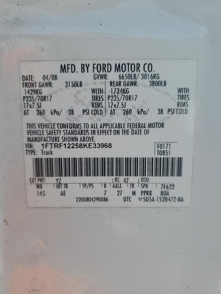 2008 Ford F150 VIN: 1FTRF12258KE33968 Lot: 84591935