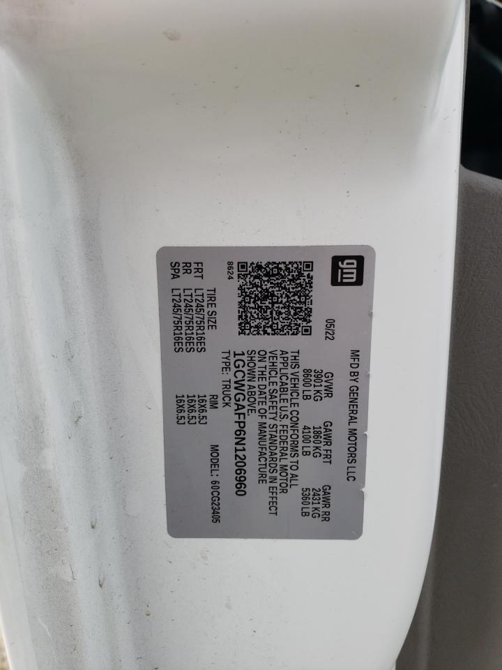 2022 Chevrolet Express G2500 VIN: 1GCWGAFP6N1206960 Lot: 85593115