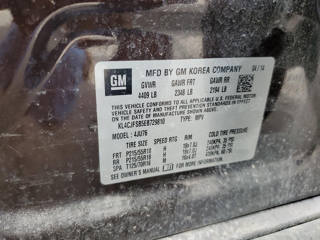 2014 Buick Encore Convenience VIN: KL4CJFSB5EB729810 Lot: 81312885