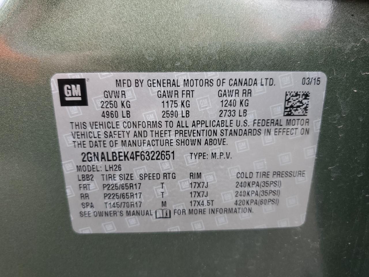 2015 Chevrolet Equinox Lt VIN: 2GNALBEK4F6322651 Lot: 81100185