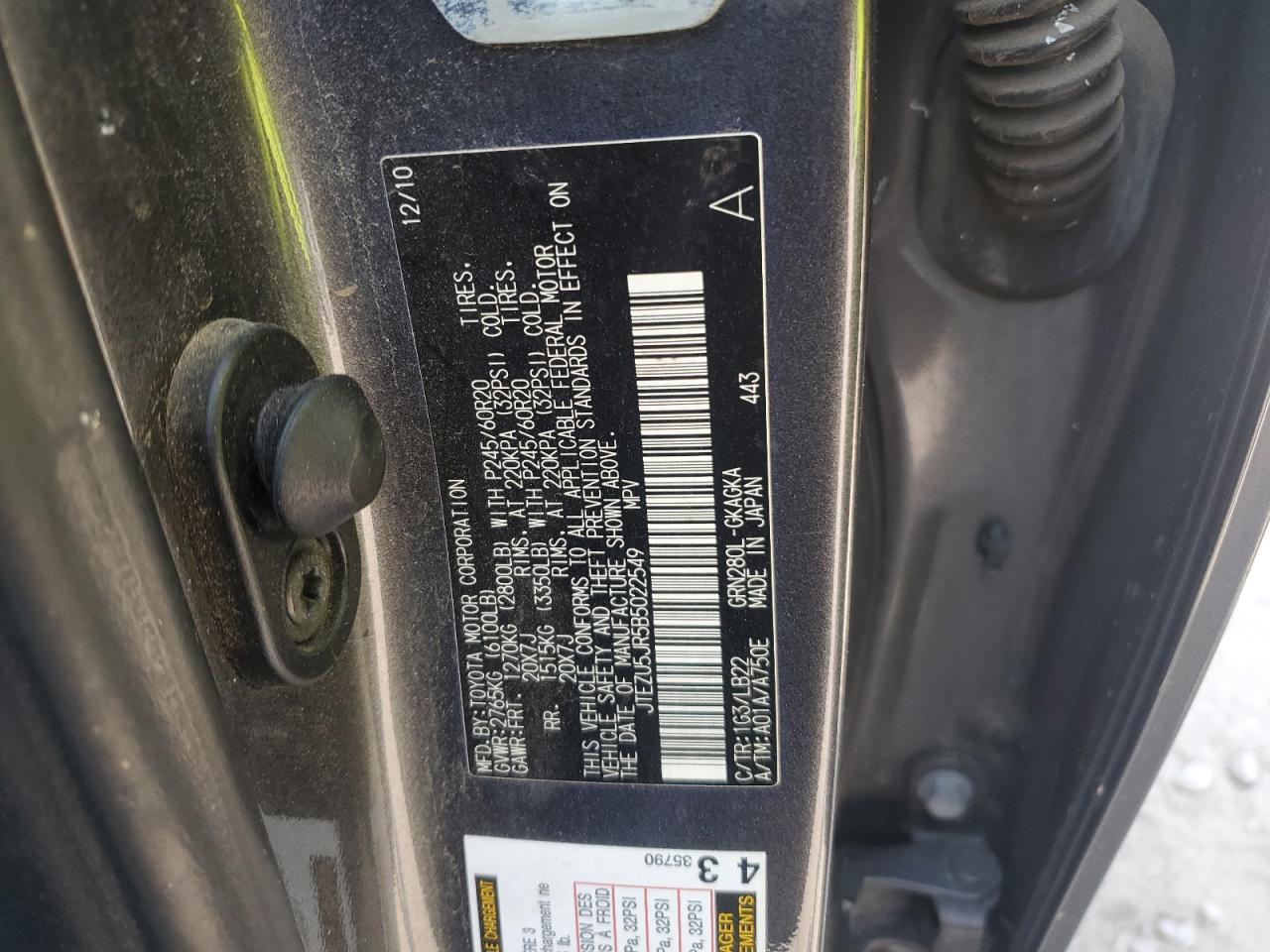 2011 Toyota 4Runner Sr5 VIN: JTEZU5JR5B5022549 Lot: 68297405