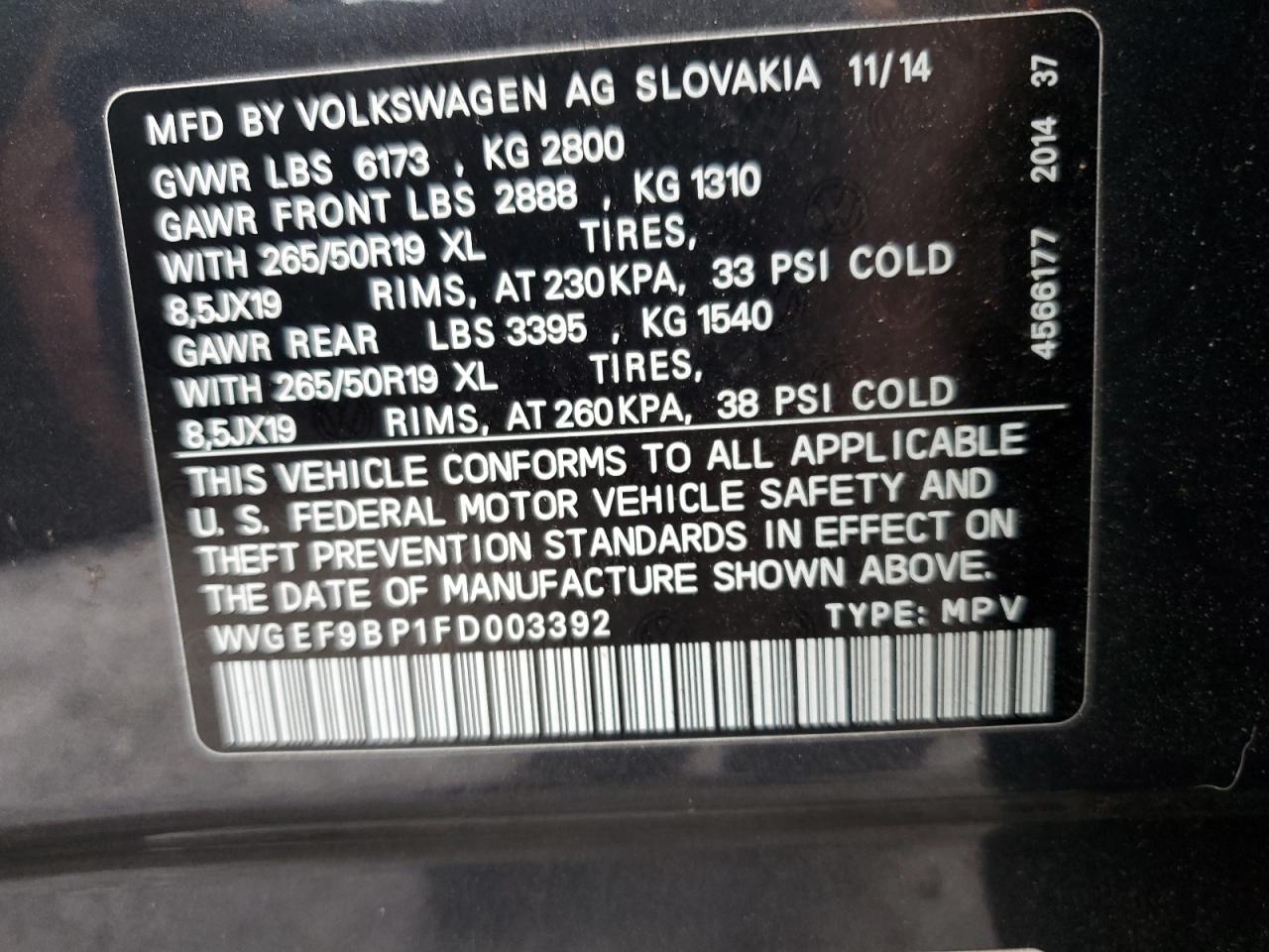 2015 Volkswagen Touareg V6 VIN: WVGEF9BP1FD003392 Lot: 81276065