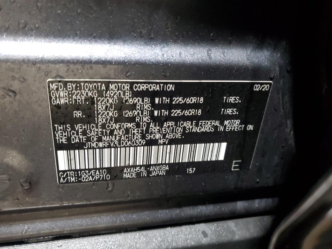 2020 Toyota Rav4 Limited VIN: JTMDWRFV3LD060309 Lot: 83789175
