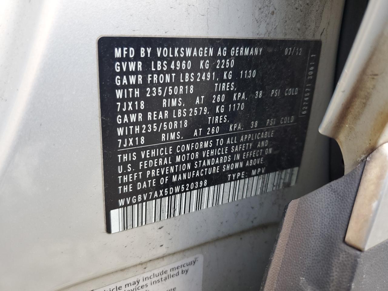 2013 Volkswagen Tiguan S VIN: WVGBV7AX5DW520398 Lot: 84586225