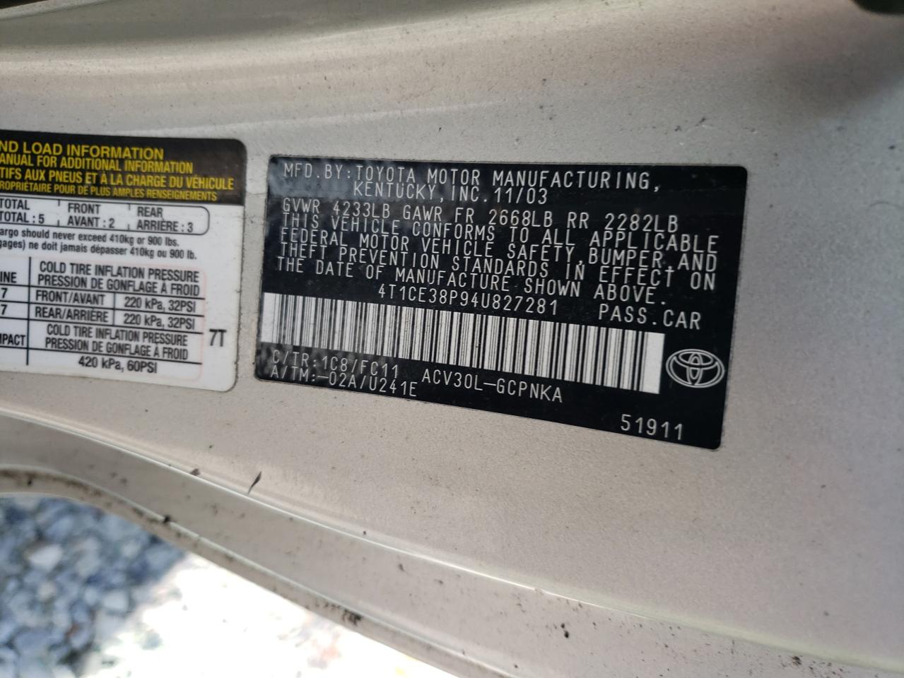 2004 Toyota Camry Solara Se VIN: 4T1CE38P94U827281 Lot: 72060845