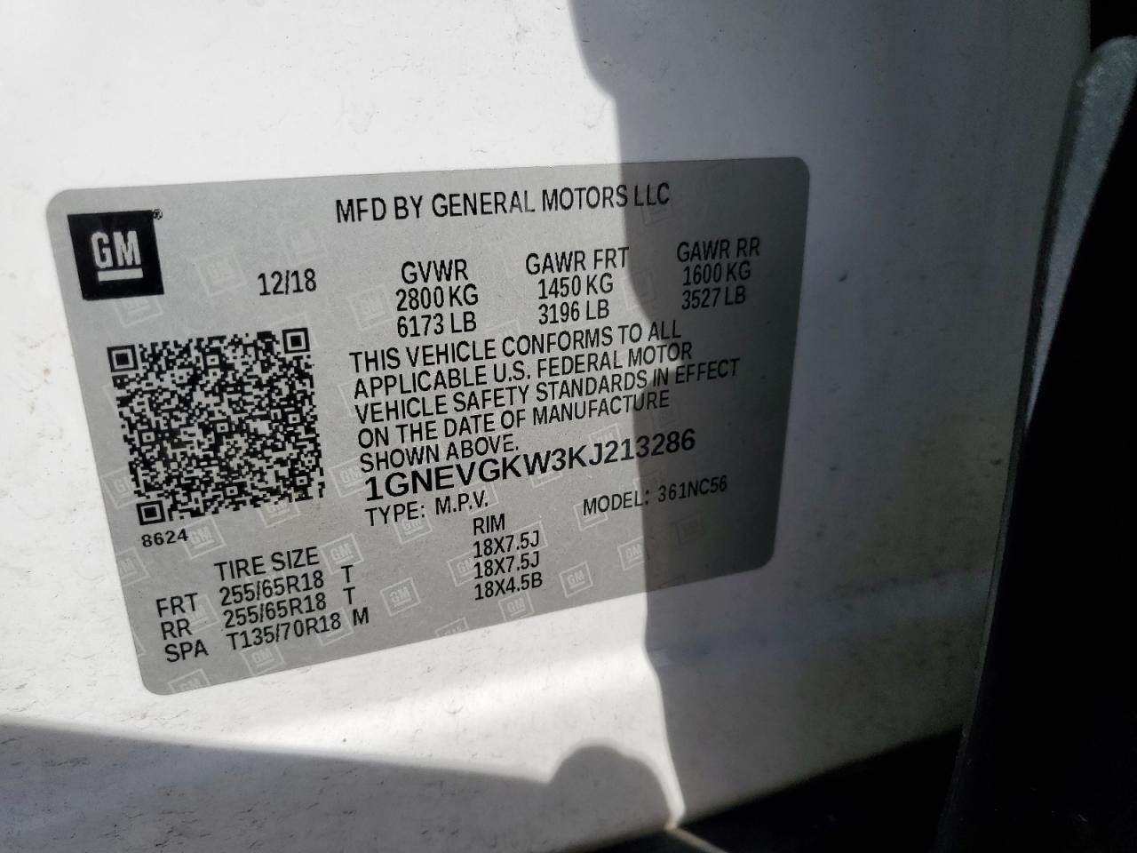 2019 Chevrolet Traverse Lt VIN: 1GNEVGKW3KJ213286 Lot: 72063965