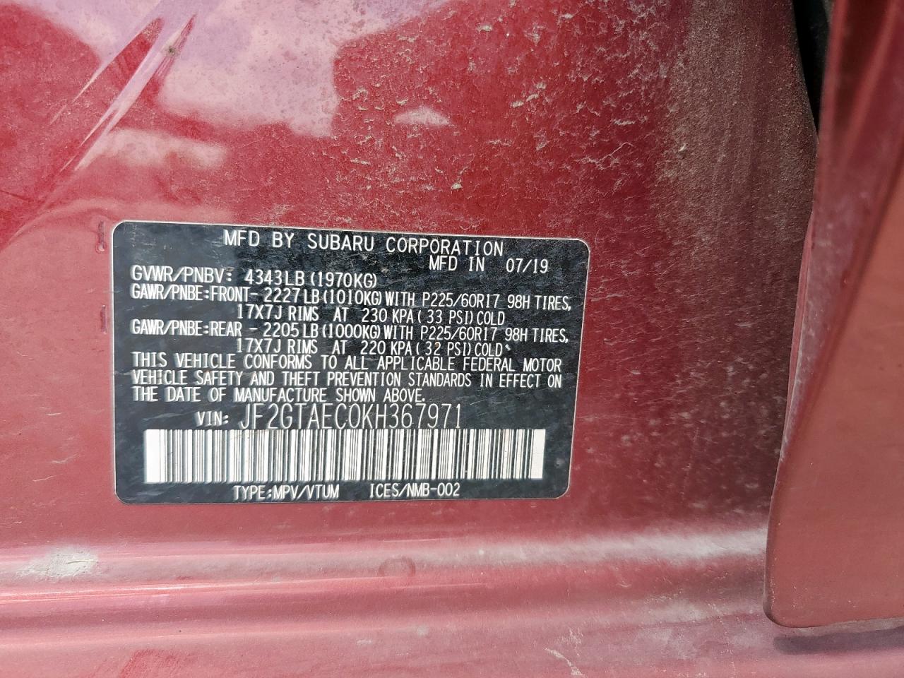 2019 Subaru Crosstrek Premium VIN: JF2GTAEC0KH367971 Lot: 81245785