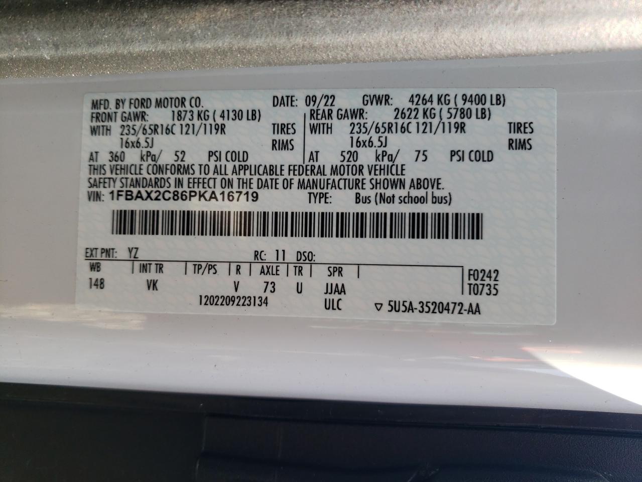 2023 Ford Transit T-350 VIN: 1FBAX2C86PKA16719 Lot: 71795845