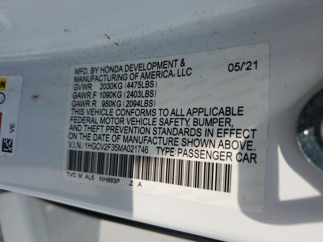 2021 Honda Accord Sport VIN: 1HGCV2F35MA021746 Lot: 71813605