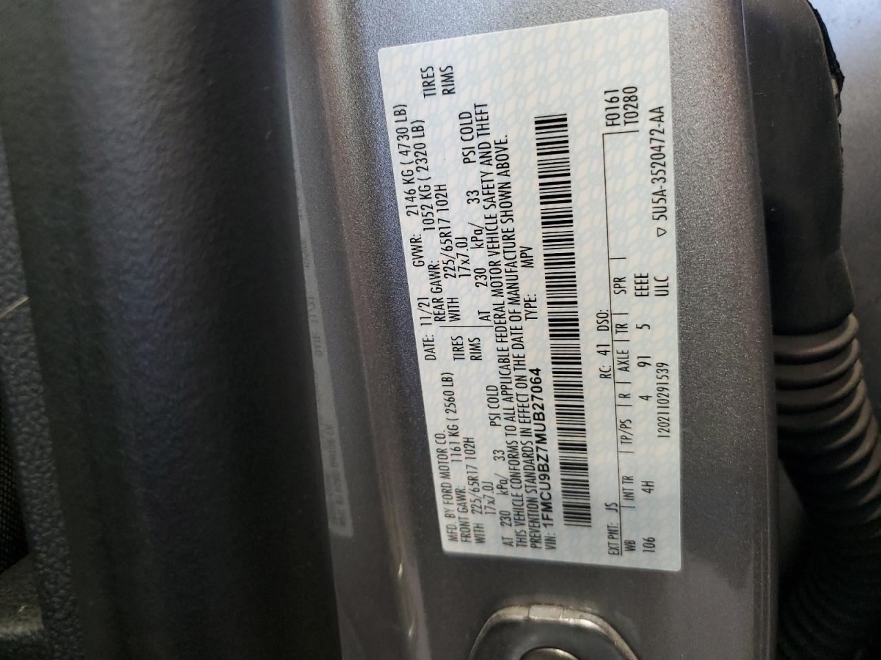 2021 Ford Escape Se VIN: 1FMCU9BZ7MUB27064 Lot: 81125505