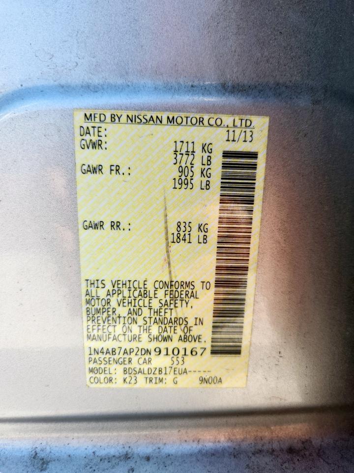 2013 Nissan Sentra S VIN: 1N4AB7AP2DN910167 Lot: 81892435