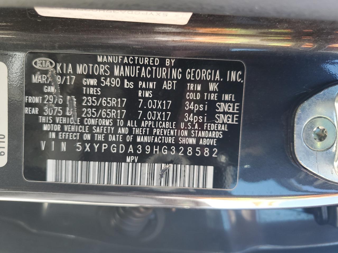 2017 Kia Sorento Lx VIN: 5XYPGDA39HG328582 Lot: 84382175