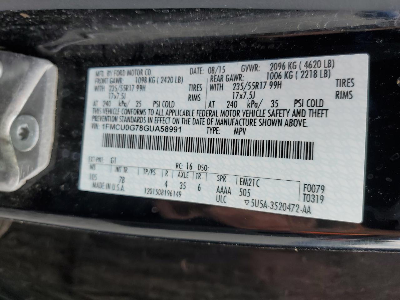 2016 Ford Escape Se VIN: 1FMCU0G78GUA58991 Lot: 71023545