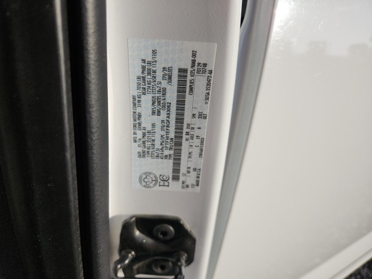 2016 Ford F150 Supercrew VIN: 1FTFW1EF8GFA93062 Lot: 82126055