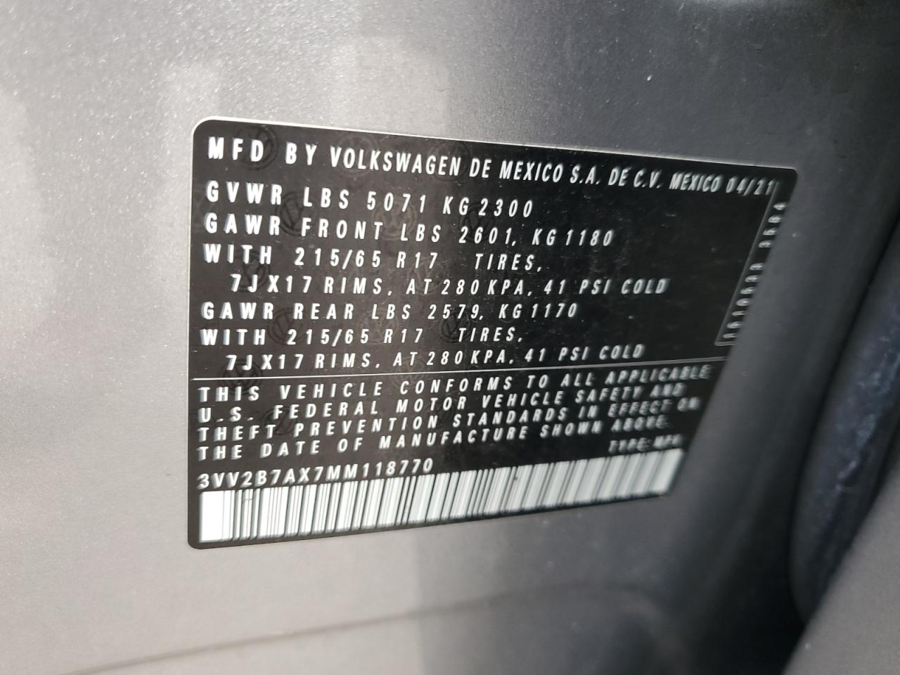 2021 Volkswagen Tiguan Se VIN: 3VV2B7AX7MM118770 Lot: 82082155