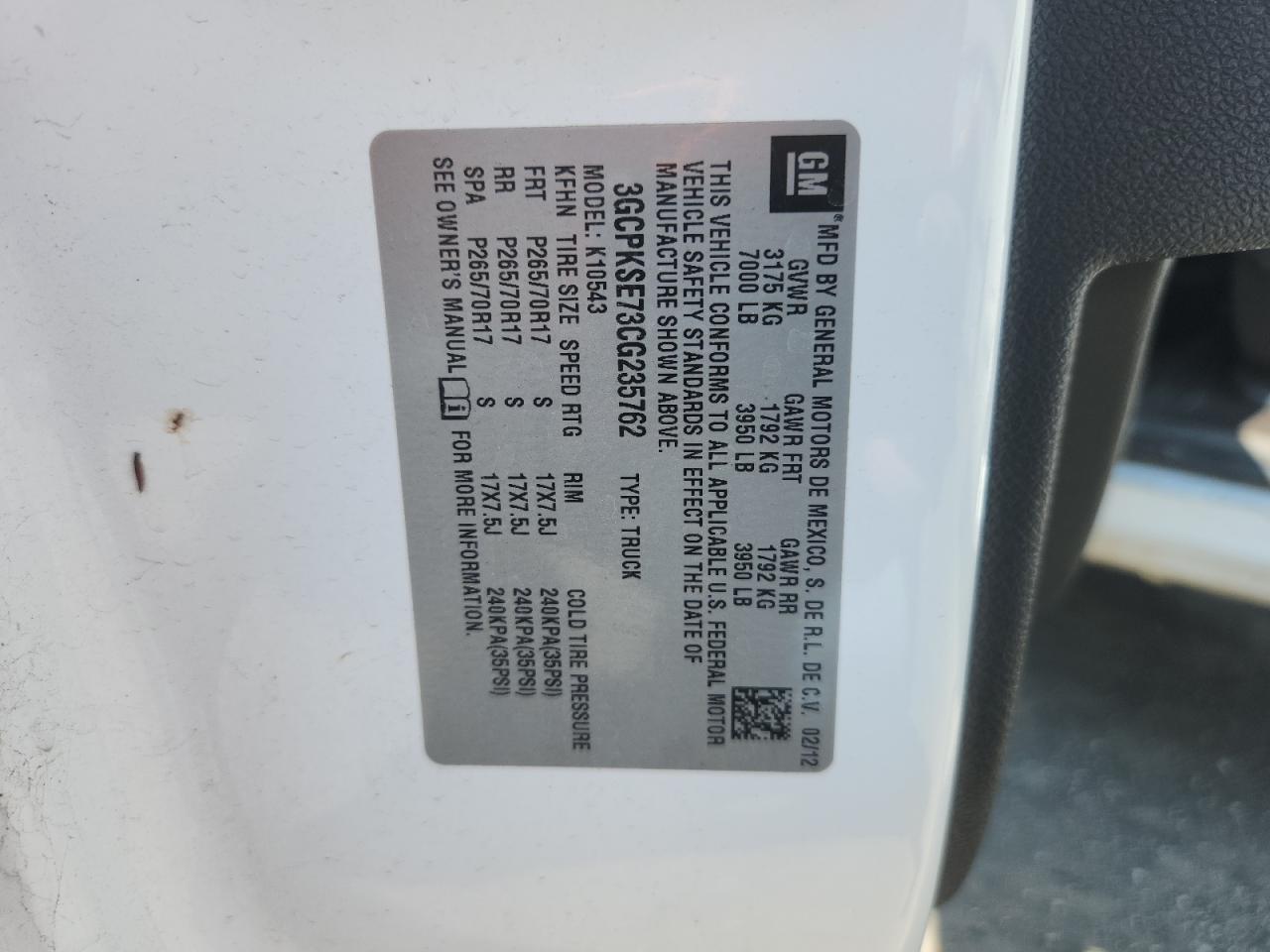 2012 Chevrolet Silverado K1500 Lt VIN: 3GCPKSE73CG235762 Lot: 80578445