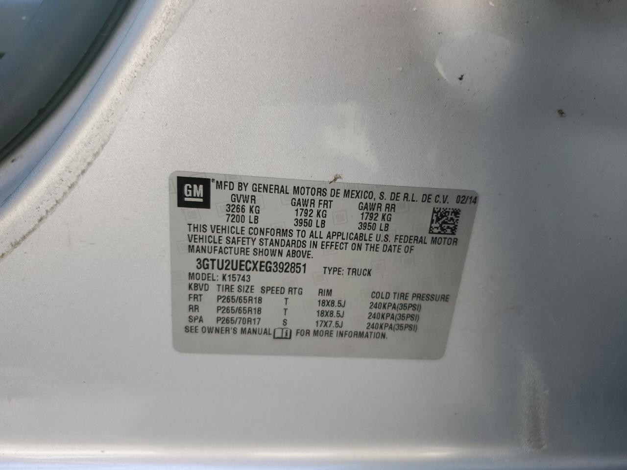 2014 GMC Sierra K1500 Sle VIN: 3GTU2UECXEG392851 Lot: 84599725