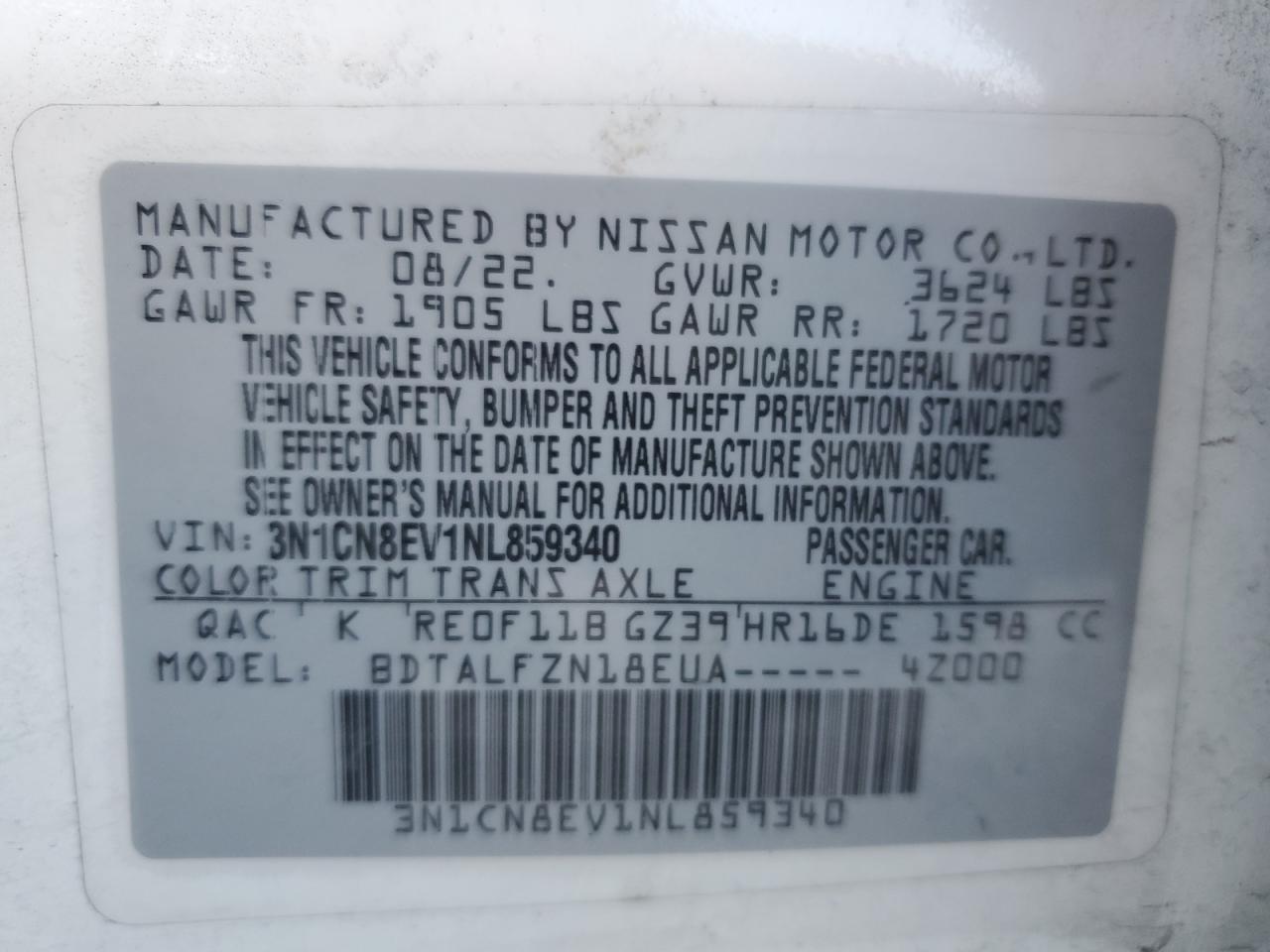 2022 Nissan Versa Sv VIN: 3N1CN8EV1NL859340 Lot: 71529735