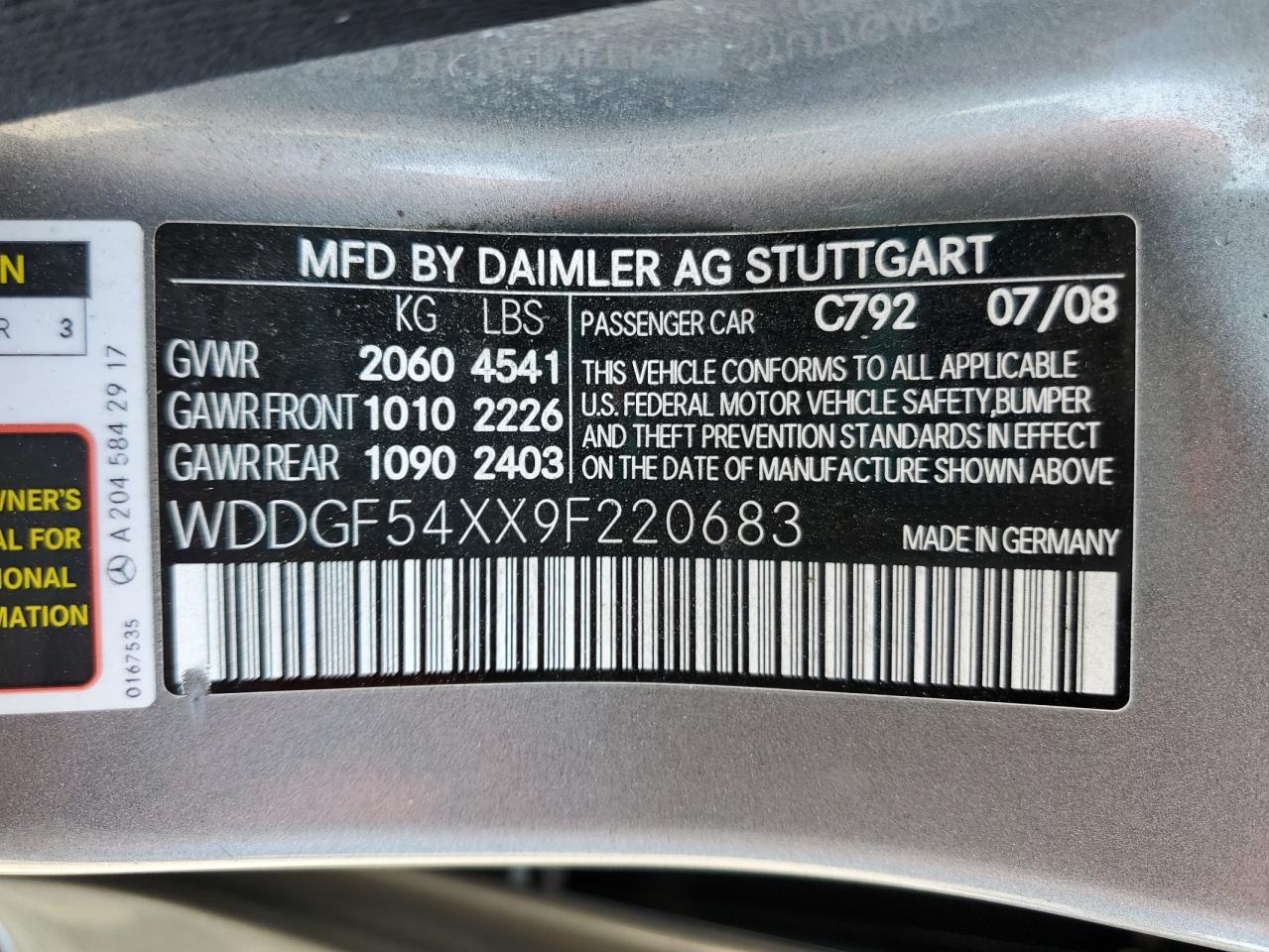 2009 Mercedes-Benz C 300 VIN: WDDGF54XX9F220683 Lot: 80571825