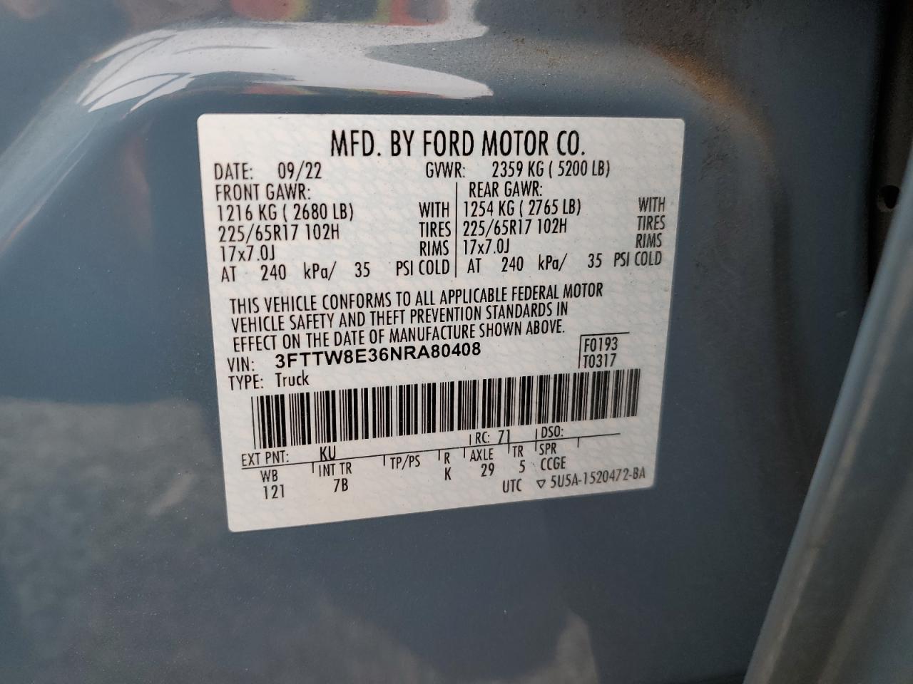 2022 Ford Maverick Xl VIN: 3FTTW8E36NRA80408 Lot: 80920805