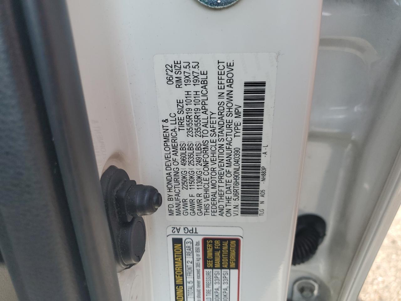 2022 Honda Cr-V Touring VIN: 5J6RT6H90NL040390 Lot: 80706695