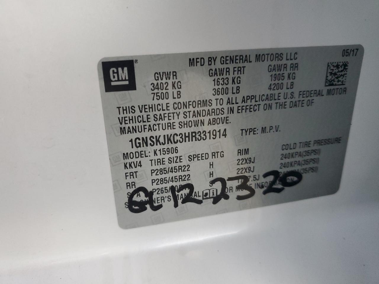 2017 Chevrolet Suburban K1500 Premier VIN: 1GNSKJKC3HR331914 Lot: 81595755