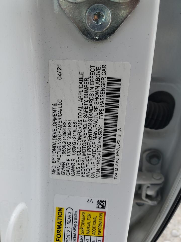 2021 Honda Accord Exl VIN: 1HGCV1F55MA059781 Lot: 81326765