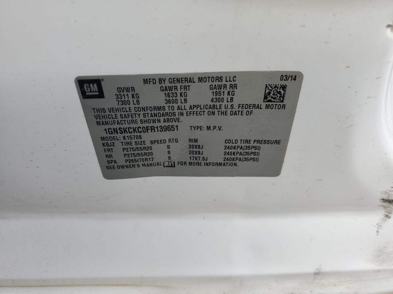 2015 Chevrolet Tahoe K1500 Ltz VIN: 1GNSKCKC0FR139651 Lot: 81580235
