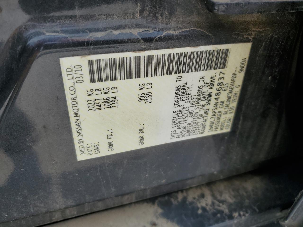 2010 Nissan Altima Sr VIN: 1N4BL2AP3AN486837 Lot: 71872935