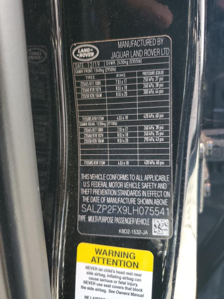 2020 Land Rover Range Rover Evoque Se VIN: SALZP2FX9LH075541 Lot: 82160595