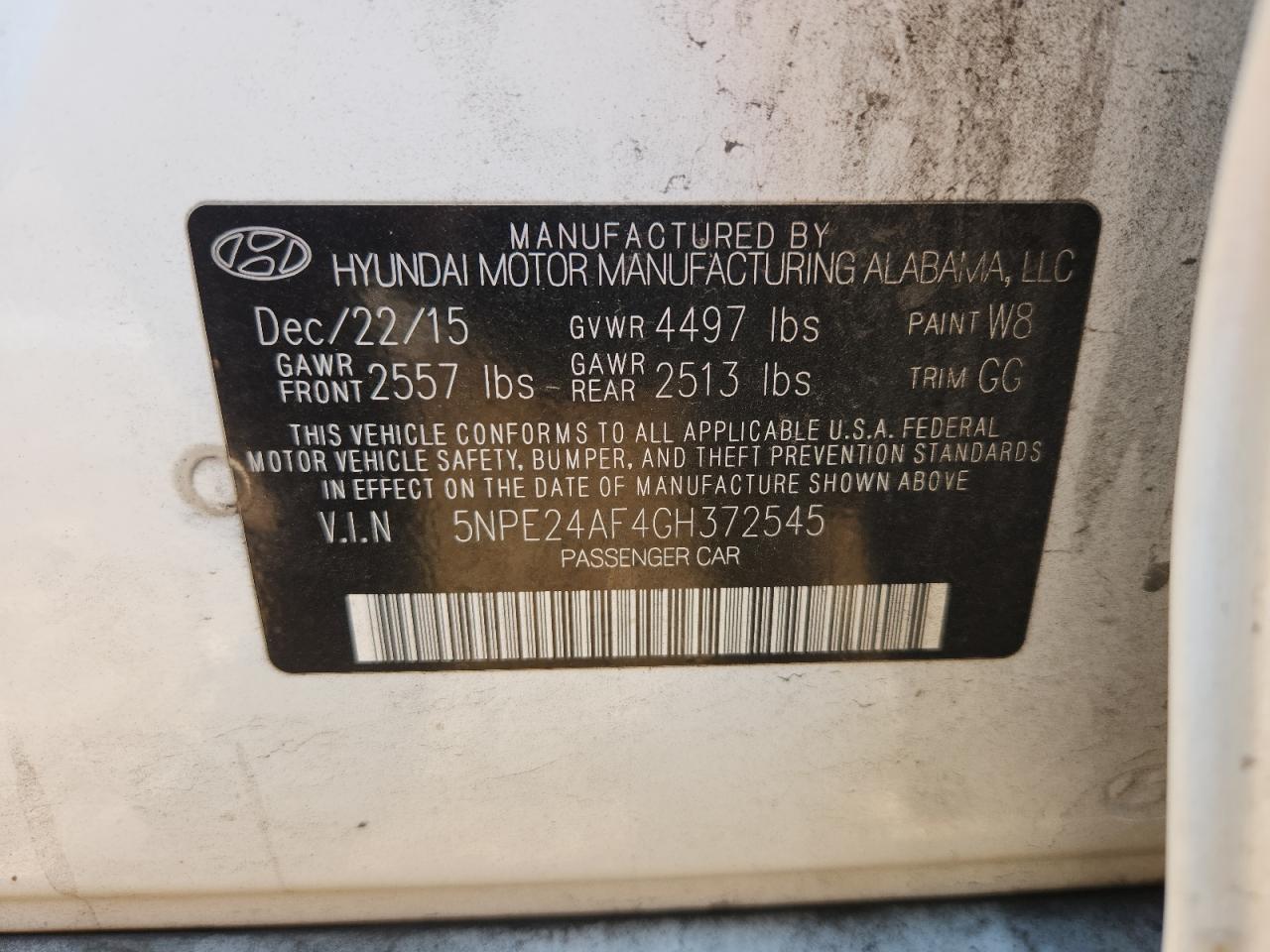 2016 Hyundai Sonata Se VIN: 5NPE24AF4GH372545 Lot: 71310055