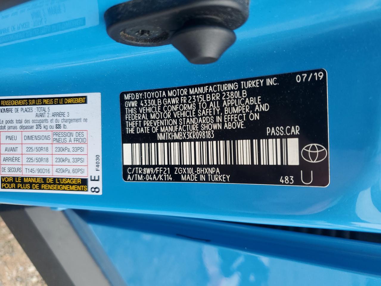 2019 Toyota C-Hr Xle VIN: NMTKHMBX3KR098183 Lot: 84056445