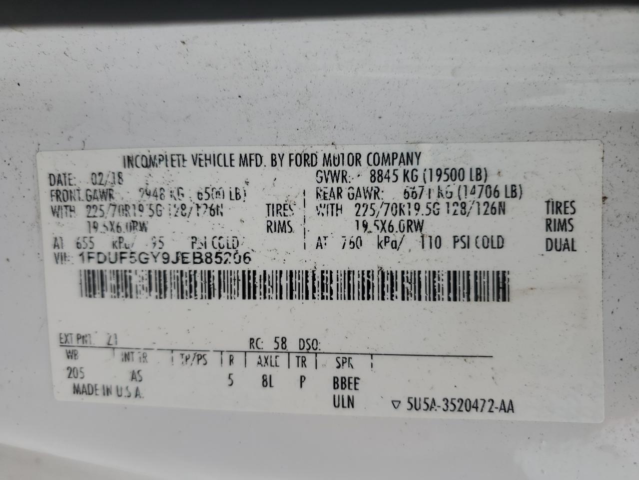 2018 Ford F550 Super Duty VIN: 1FDUF5GY9JEB85206 Lot: 81488105