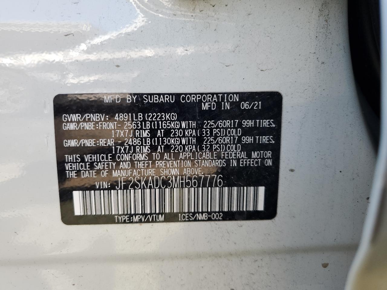 2021 Subaru Forester VIN: JF2SKADC3MH567776 Lot: 69883305