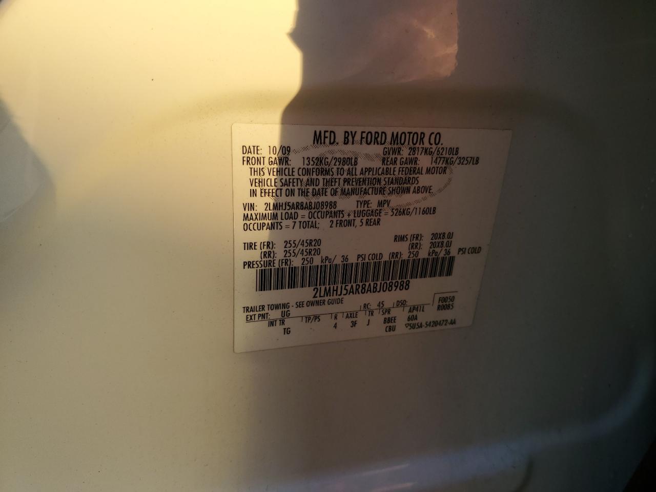 2010 Lincoln Mkt VIN: 2LMHJ5AR8ABJ08988 Lot: 81837415