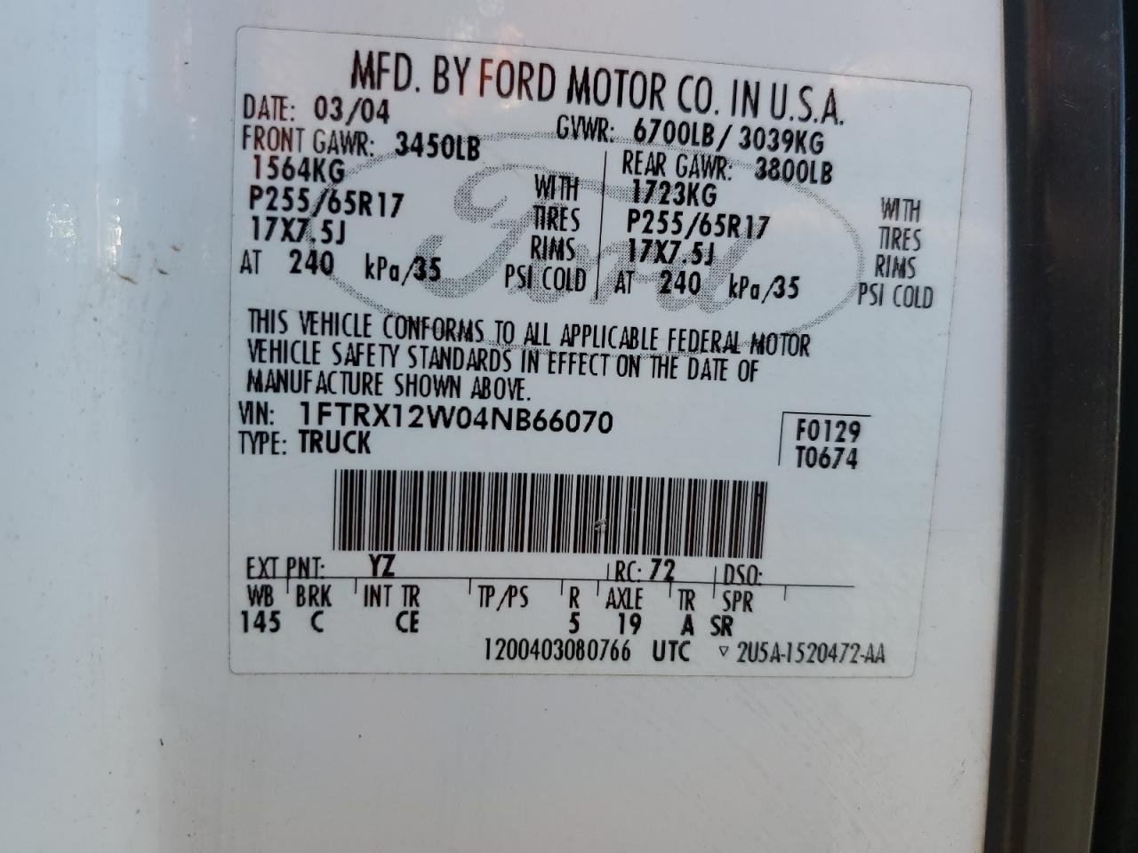 2004 Ford F150 VIN: 1FTRX12W04NB66070 Lot: 71934655