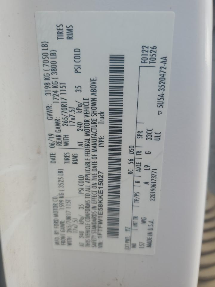 2019 Ford F150 Supercrew VIN: 1FTFW1E58KKE15027 Lot: 71679625