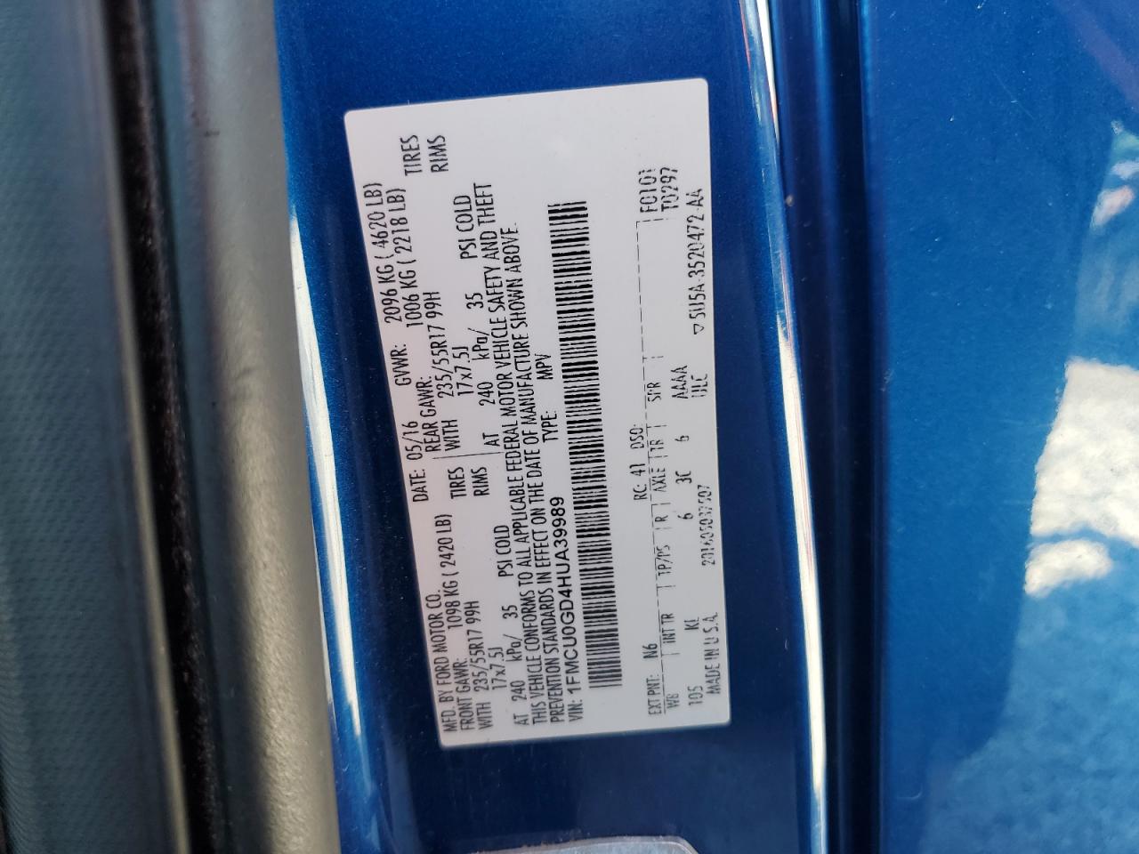 2017 Ford Escape Se VIN: 1FMCU0GD4HUA39989 Lot: 83999405