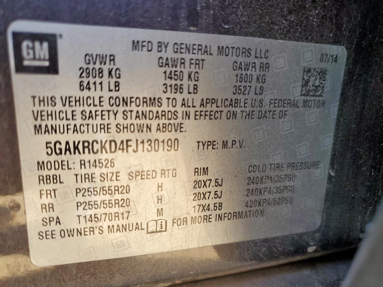 2015 Buick Enclave VIN: 5GAKRCKD4FJ130190 Lot: 71836915