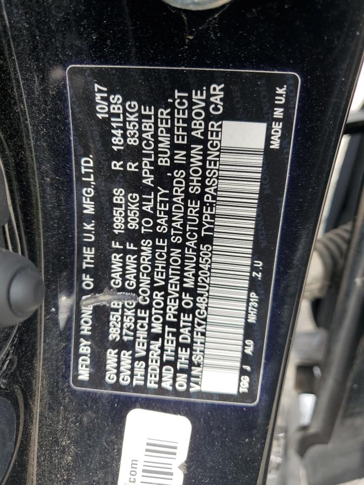 2018 Honda Civic Sport VIN: SHHFK7G48JU204505 Lot: 71808555