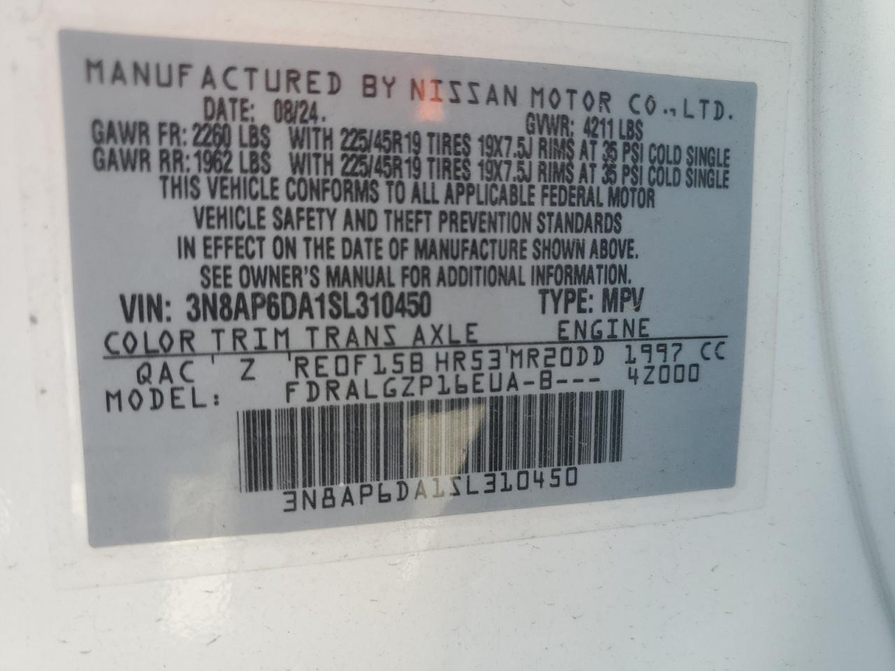 2025 Nissan Kicks Sr VIN: 3N8AP6DA1SL310450 Lot: 81515785