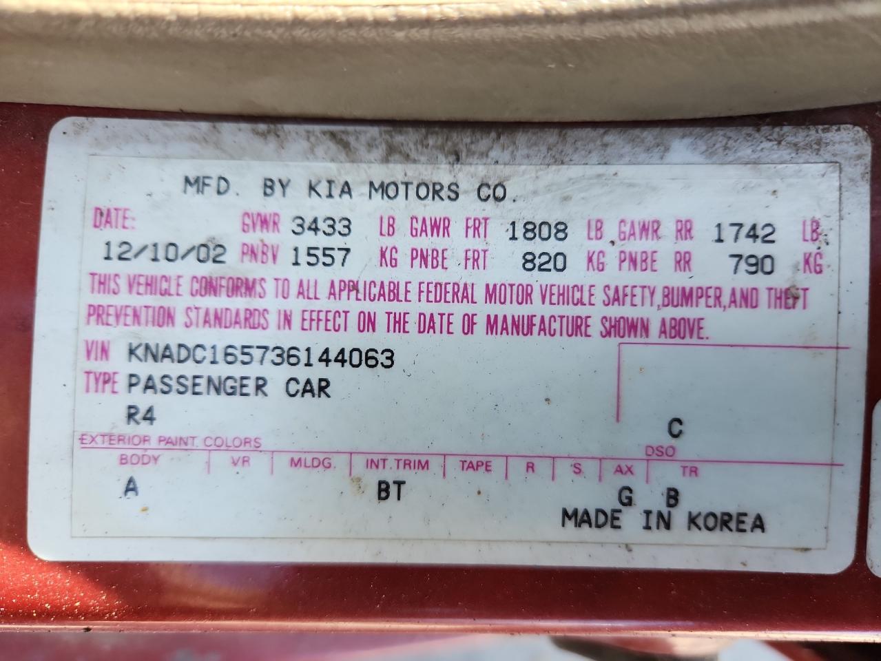 2003 Kia Rio Cinco VIN: KNADC165736144063 Lot: 84217025