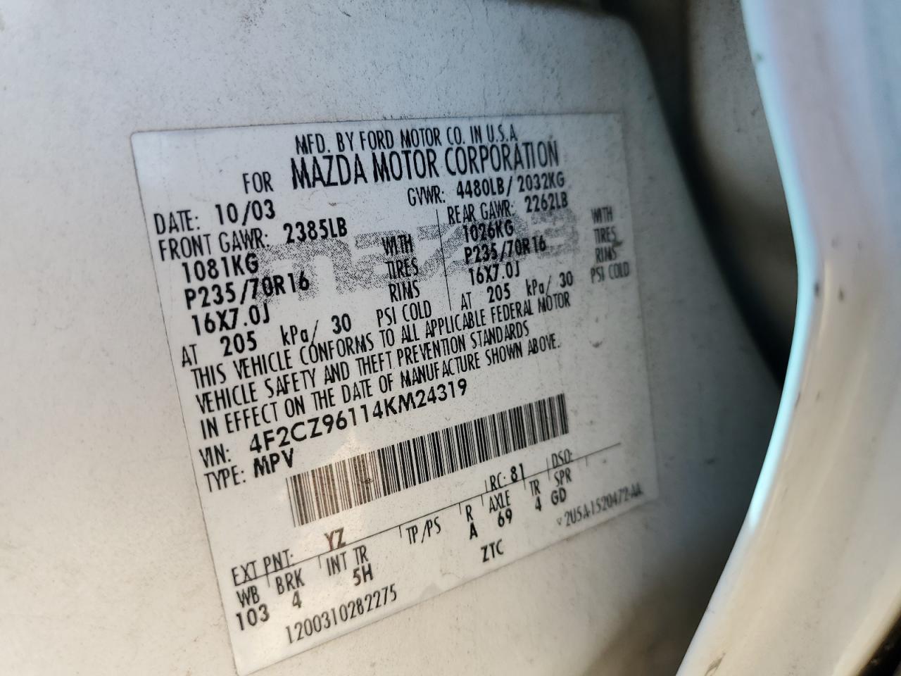 2004 Mazda Tribute Es VIN: 4F2CZ96114KM24319 Lot: 83991625