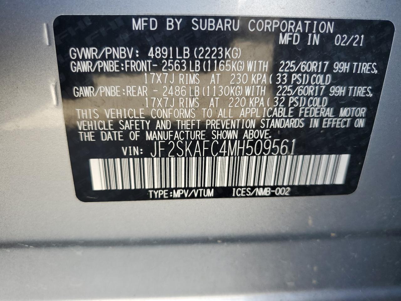 2021 Subaru Forester Premium VIN: JF2SKAFC4MH509561 Lot: 67481175
