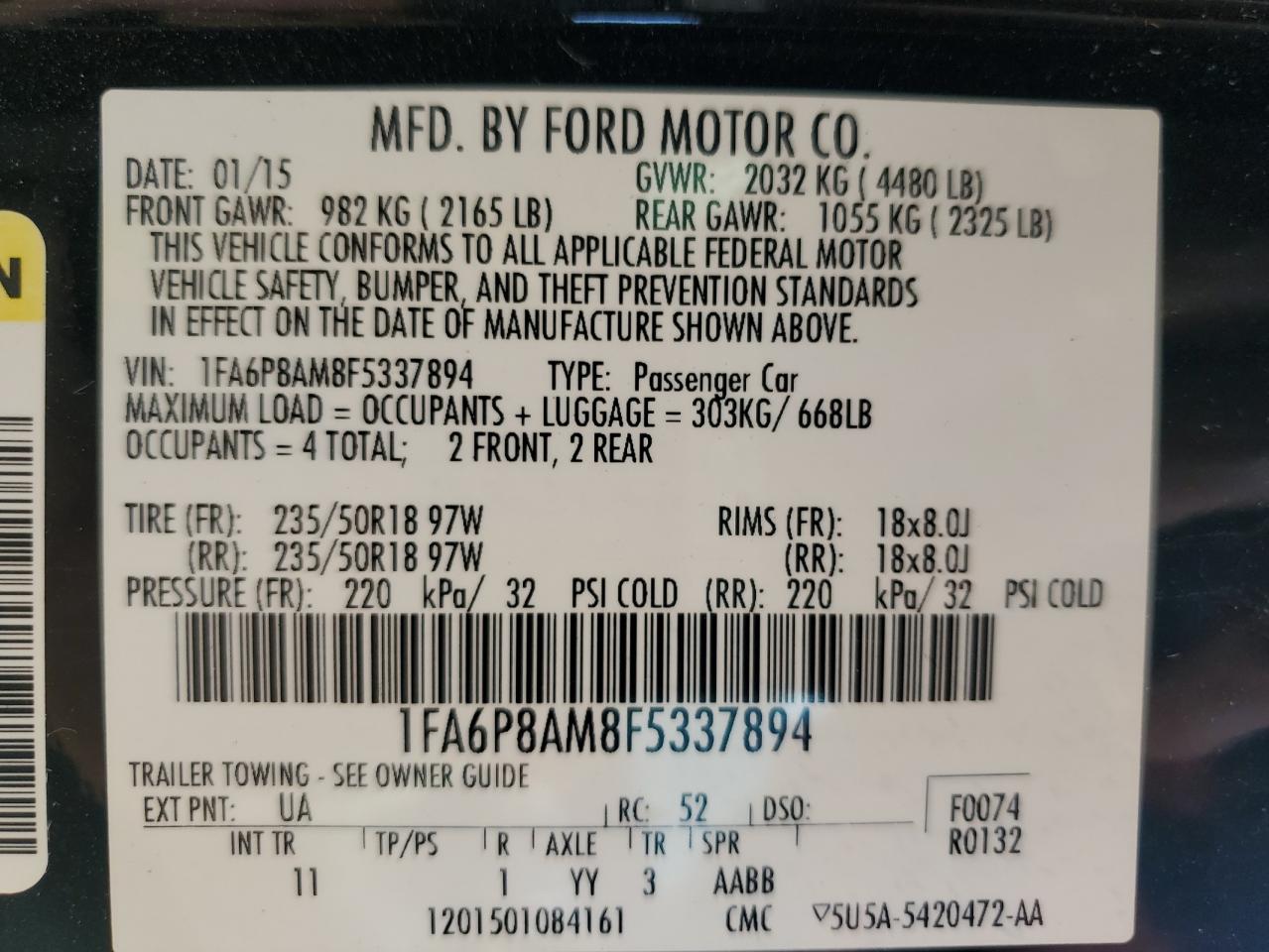 2015 Ford Mustang VIN: 1FA6P8AM8F5337894 Lot: 84248475