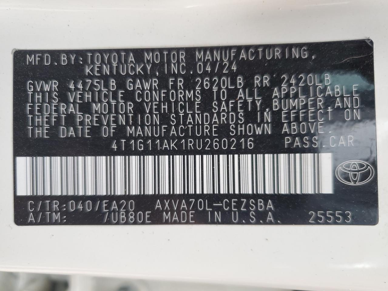 2024 Toyota Camry Se Night Shade VIN: 4T1G11AK1RU260216 Lot: 71210325