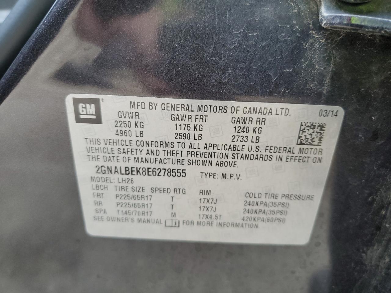 2014 Chevrolet Equinox Lt VIN: 2GNALBEK8E6278555 Lot: 81686395