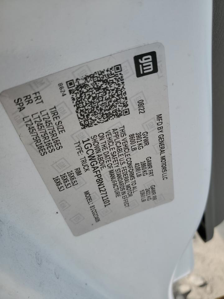 2022 Chevrolet Express G2500 VIN: 1GCWGAFP8N1271101 Lot: 71620035