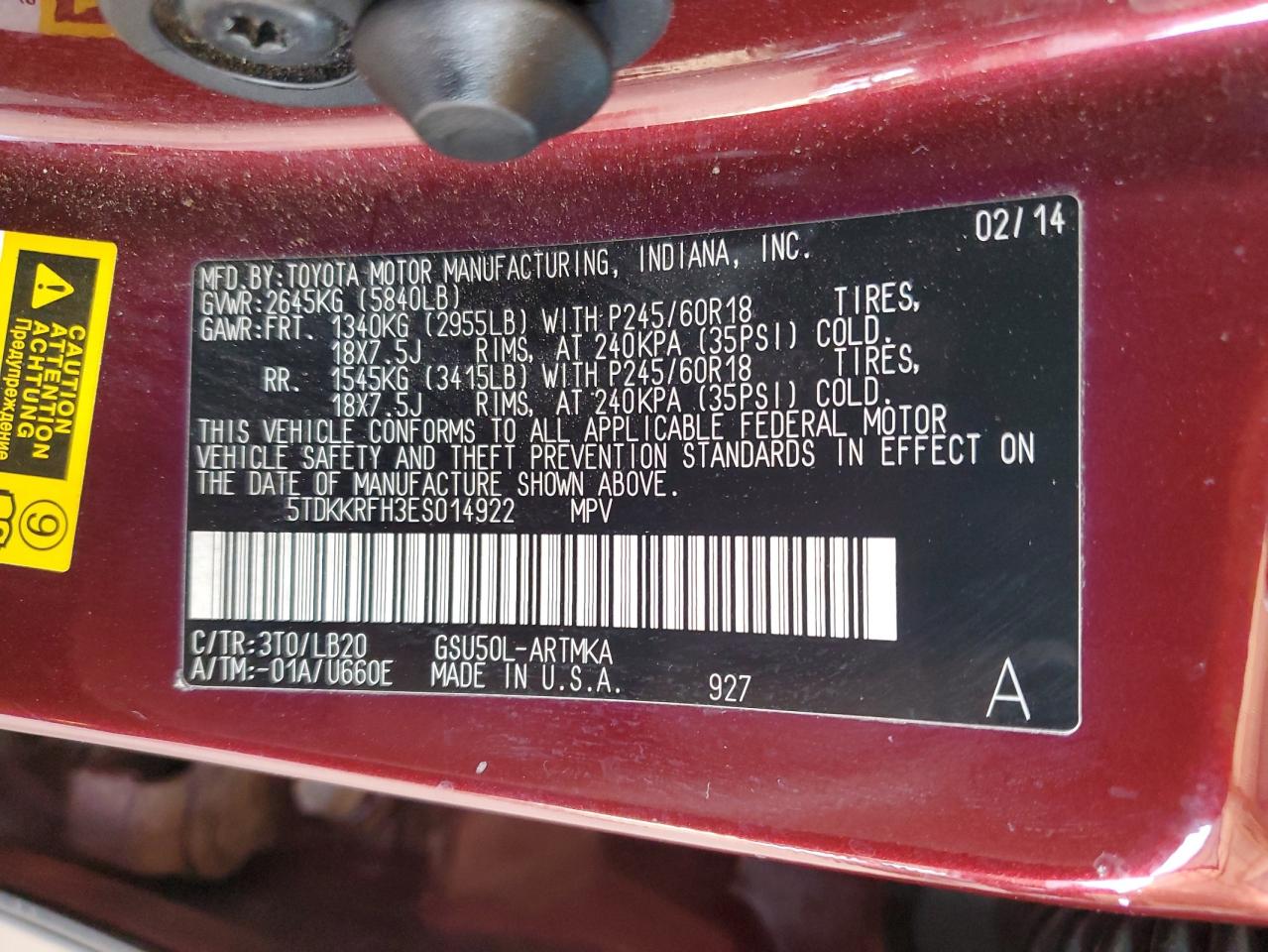 2014 Toyota Highlander Xle VIN: 5TDKKRFH3ES014922 Lot: 80677115